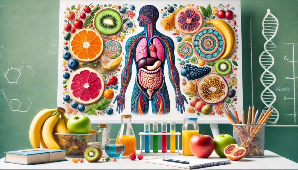 Cuerpo humano rodeado de alimentos nutritivos